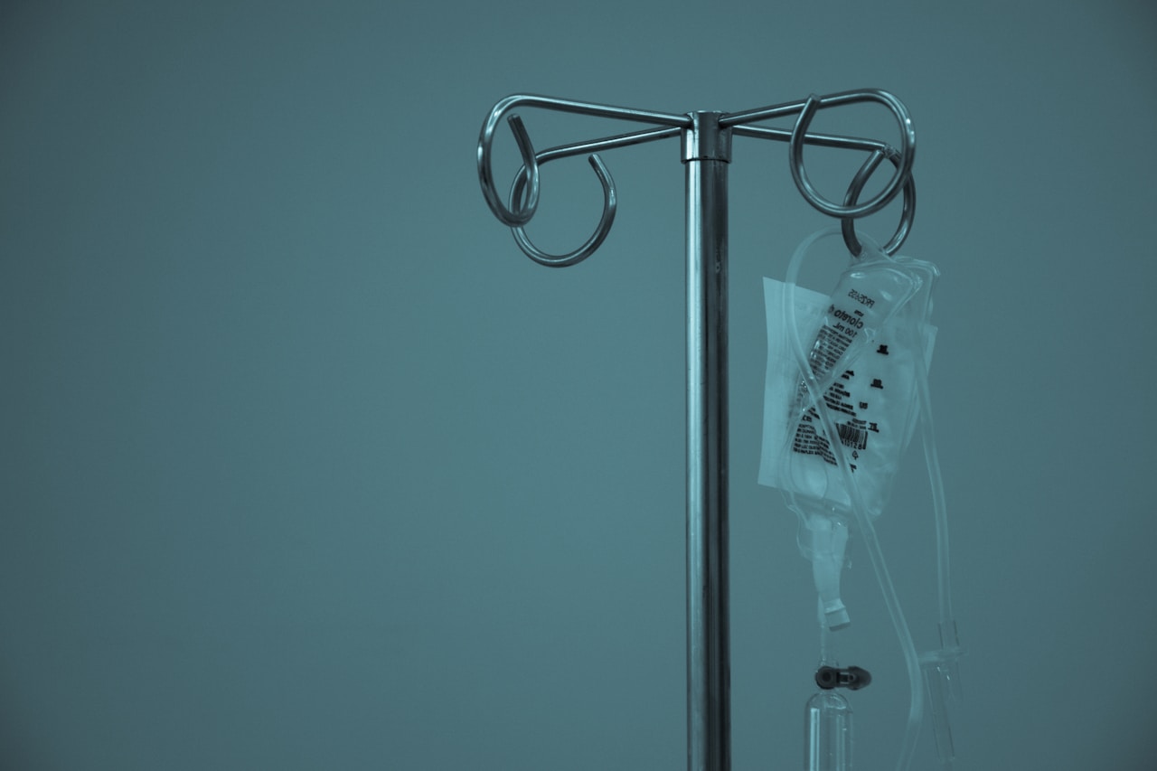 IV drip bag in a hospital setting representing medicinal cannabis for chemotherapy nausea and vomiting treatment in Australia