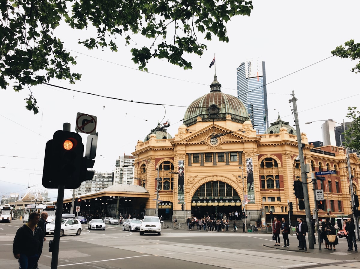 Melbourne cityscape showing Flinders Street Station and the CBD with trams and pedestrians below